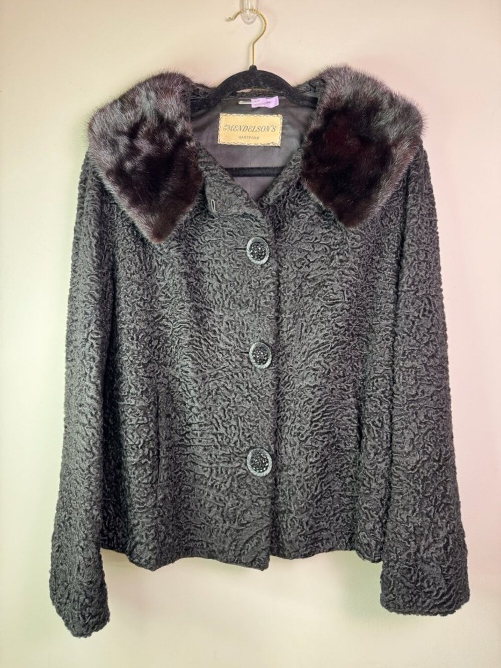 Mendelson's Hartford Women Mink Fur Collar Persian Lamb Black Coat Jacket L